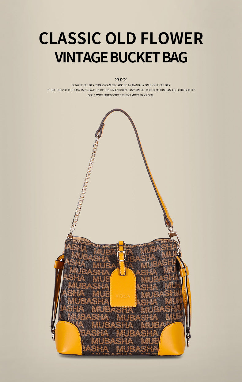 2024Summer New Trendy Fashion Vintage Bucket Bag Retro Style Single Shoulder Crossbody Printed Chain Handbag for Women