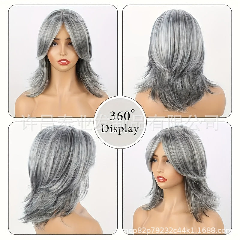 European and American Foreign Trade Cross-Border Wig for Women, Middle Part, Eight-Character Bangs, Middle-Aged and Elderly Fashion Short Straight Hair Full Wig, Factory Direct Sale