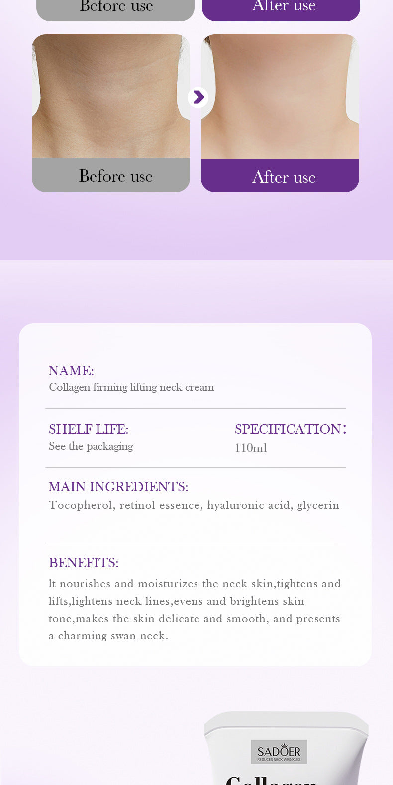 Collagen Neck Cream110ml SADOER Firming Roller Neck Lifting Cream  Wholesale