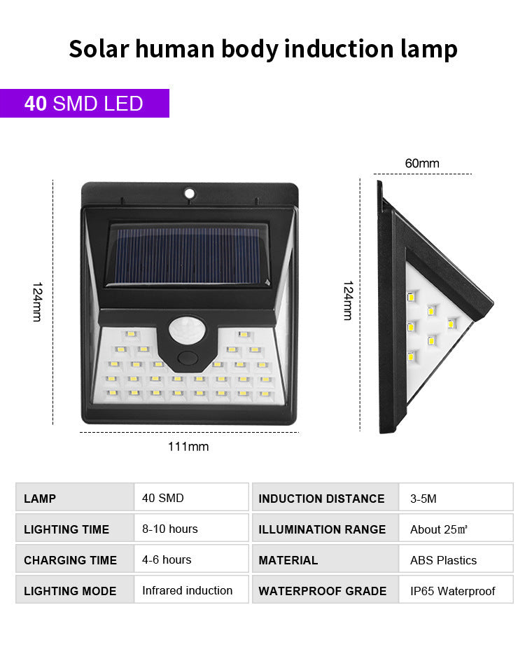 Outdoor Solar Lights40LED Human Body Sensor Wall Light Waterproof Garden Light Garden Light Three-sided Illuminated Small Street Light