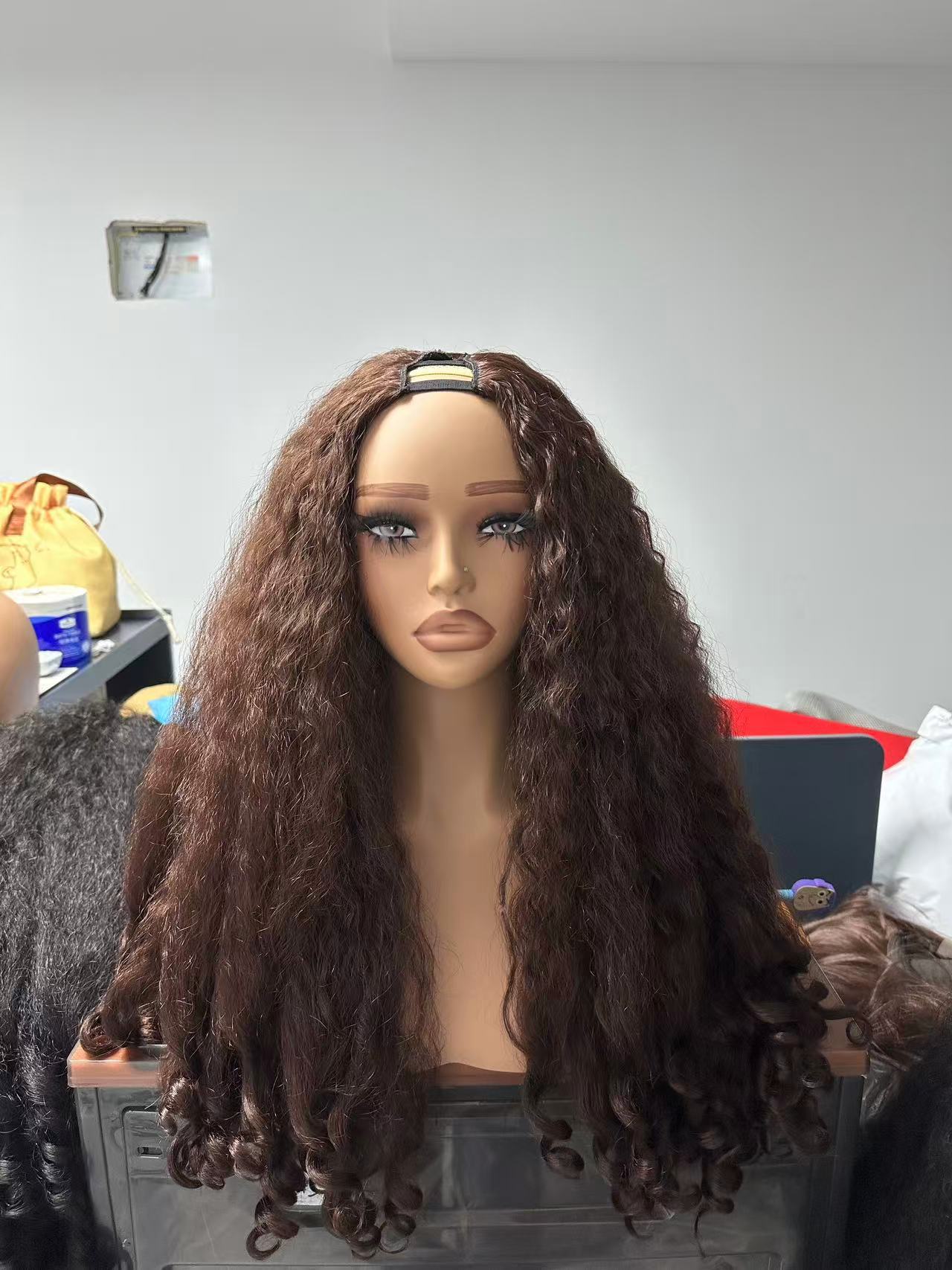 YAKI Straight Hair with Curly Ends Synthetic Wig V High-Temperature Fiber Wig with Hollow Top