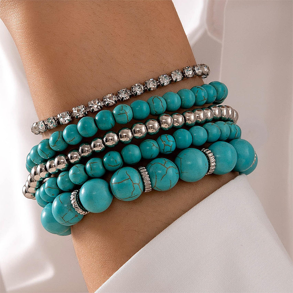Bohemian Style Turquoise Multi-Layer Stacking Bracelet Set Light Luxury Diamond-encrusted Chain Beaded Bracelet