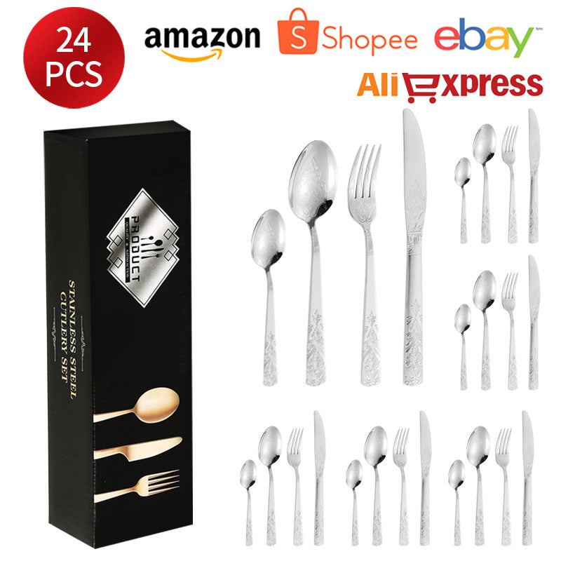 410Stainless Steel Tableware Hotel Retro Double Pattern Totem Western Cutlery Knife Fork Spoon Restaurant Hammered Steak Knife Fork