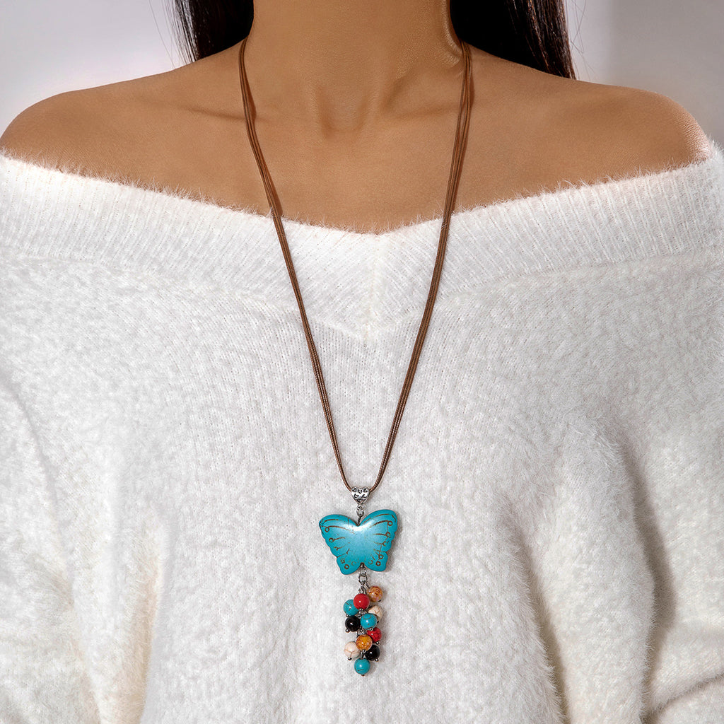 Simple Colorful Beaded Tassel y Chain Necklace Elegant Versatile Diamond-Studded Sweater Chain Jewelry