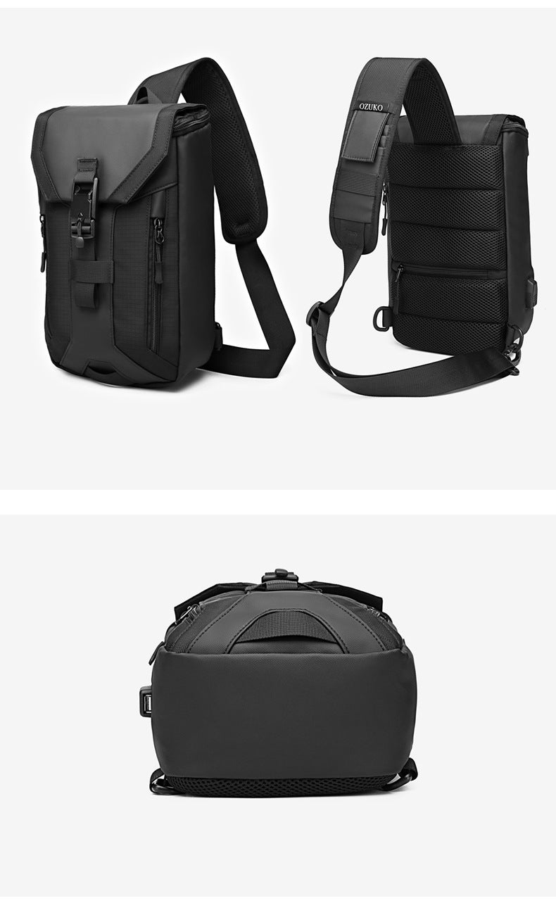 OZUKO Men's Chest Bag Trendy Brand USB Crossbody bag, water-resistant, lightweight, large capacity, single shoulder bag, outdoor chest bag
