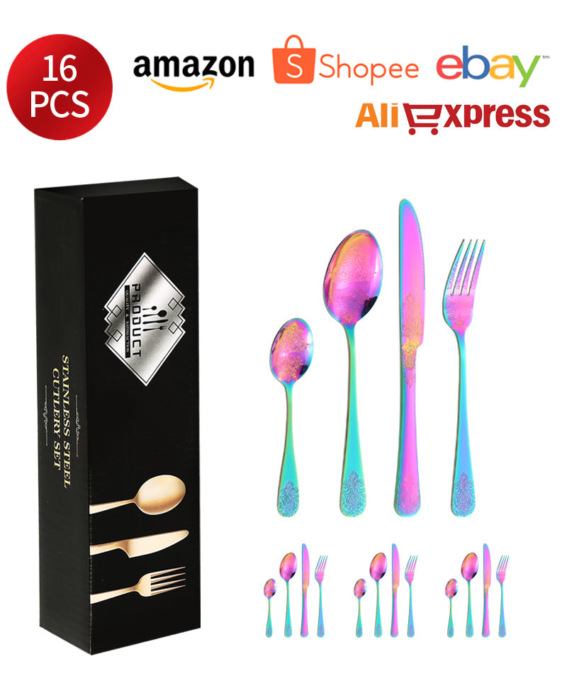 Stainless Steel Cutlery Set1010Double Flower Relief Knife, Fork, and Spoon24Set of Western Steak Knives and Forks
