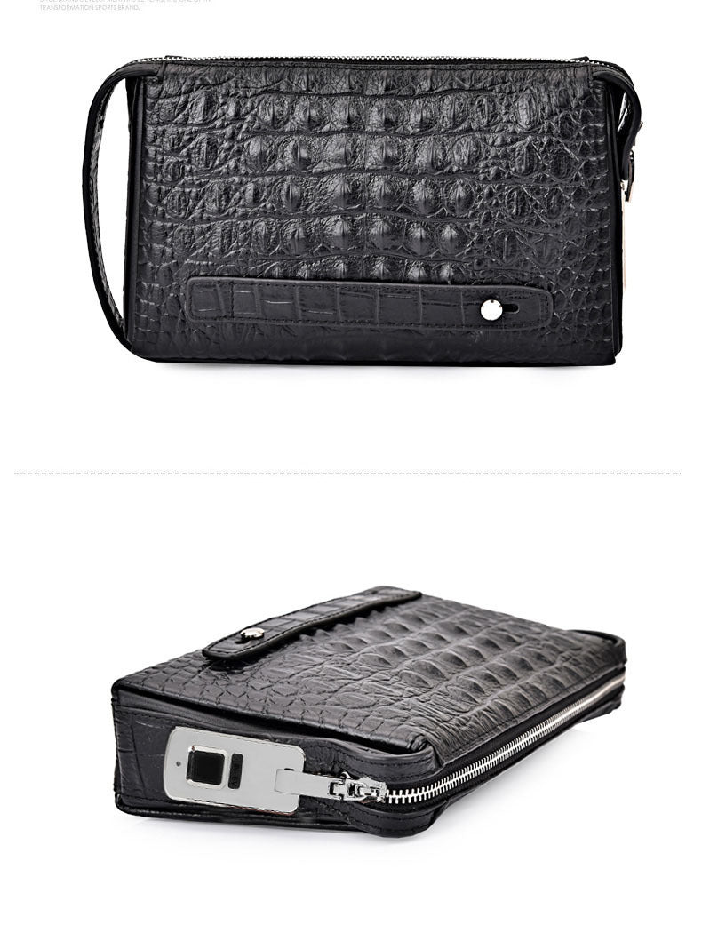 Fingerprint Lock Bag Business Commuting Men's Handbag Top Layer Cowhide Crocodile Large Capacity Multi-Card Slots Clutch