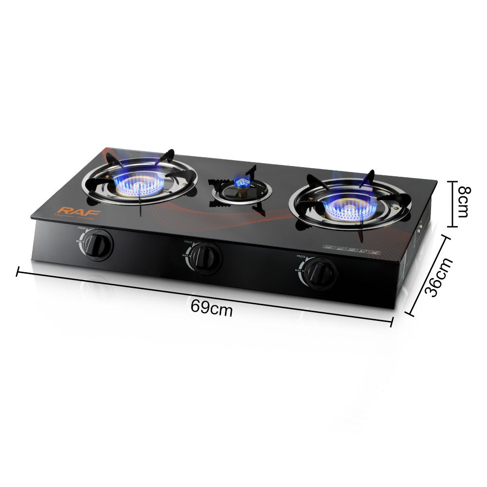 RAF Tabletop Flameout Protection Glass Rotating Fire Intense Gas Stove Three Burners Household Liquefied Gas Stove R.8052
