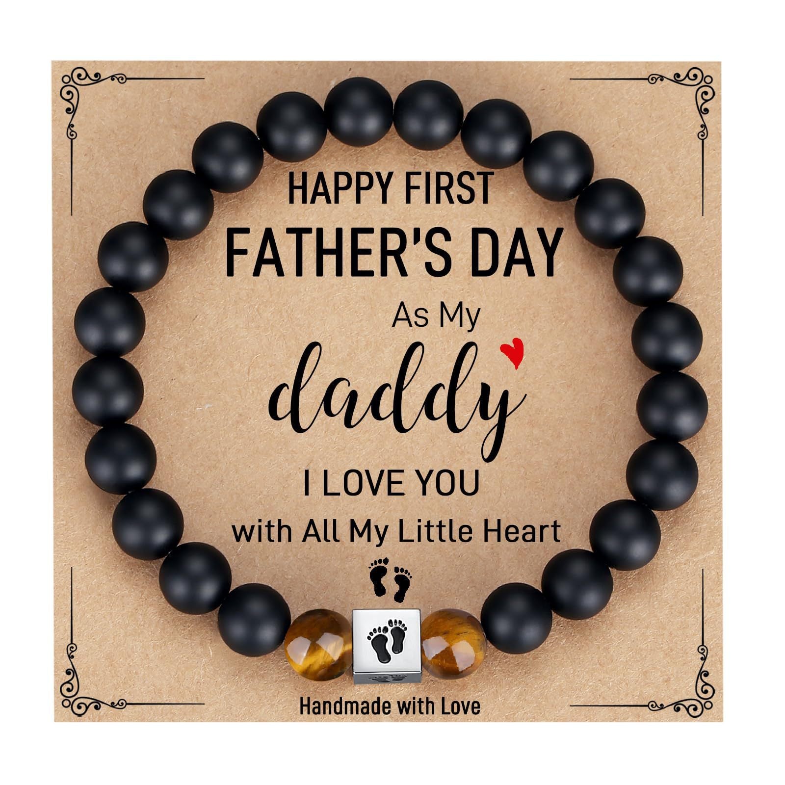 Men's Holiday Gift Bracelet Tiger Eye Stone Bracelet Stainless Steel Foot Sole Father's Day Gift Black Matte Bracelet