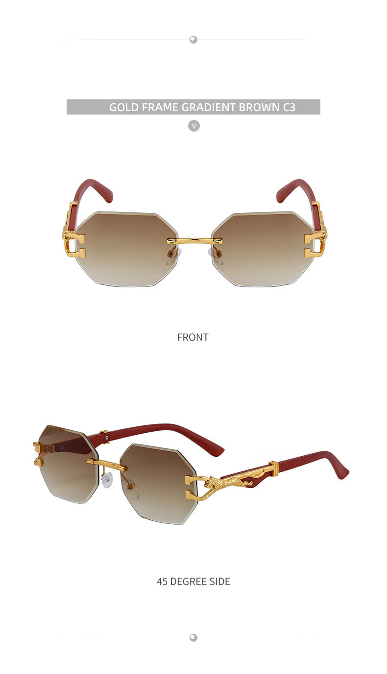 New European and American Retro Frameless Sunglasses for Men with Imitation Wood Grain Temples Wholesale Glasses shades