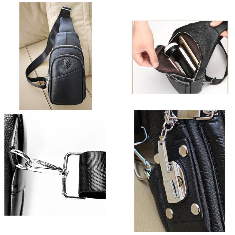 High-End Men's Top Layer Cowhide Multi-Zipper Bag Sports Casual Small Backpack Anti-Theft Genuine Leather Fingerprint Lock Chest Bag