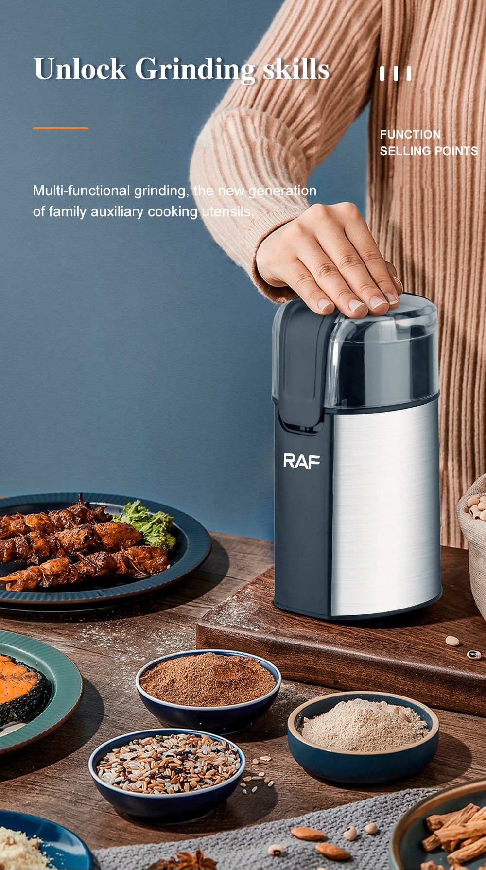 RAF European Standard Electric Coffee Grinder Dry Grinder Lightweight Household Grinding Cup Portable Coffee Bean Grinder7123