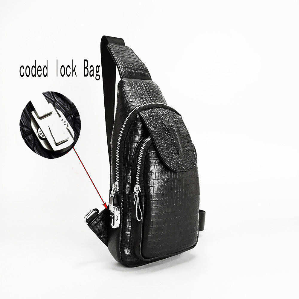 Specialized Password Lock Men's Genuine Leather Chest Bag Crocodile Pattern Top Layer Cowhide Travel Small Shoulder Crossbody Bag Trendy