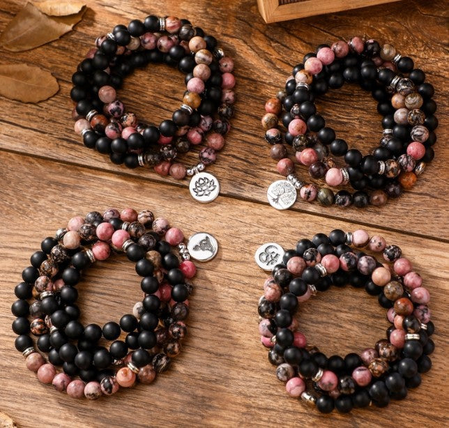 108Pink Quartz Bracelet Lotus Lucky Tree Pendant Labradorite Braided Bracelet Agate Tiger Eye Elastic Bracelet