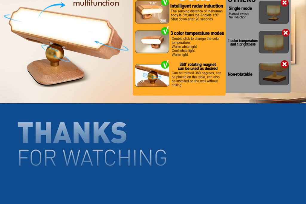 Solid Wood Wall Lamp Human Body Sensing Wireless Reading Wall Lamp Magnetic Night Light Desktop Warm Light Suitable for Staircase Corridor