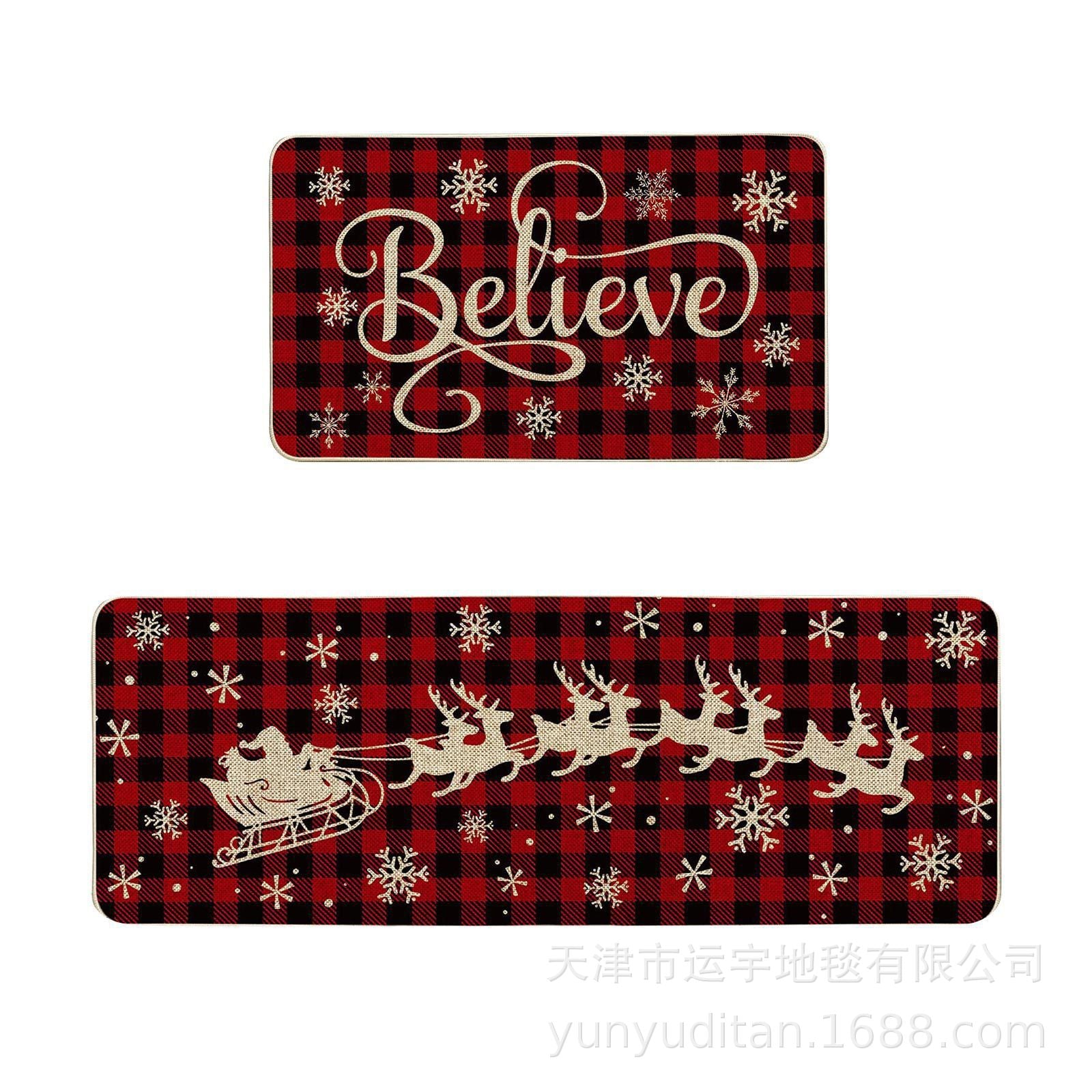 Christmas Kitchen Floor Mat Two-Piece Set Crystal Velvet Water-Absorbent Oil-Absorbent Non-Slip Foot Mat Holiday Decorative Floor Mat