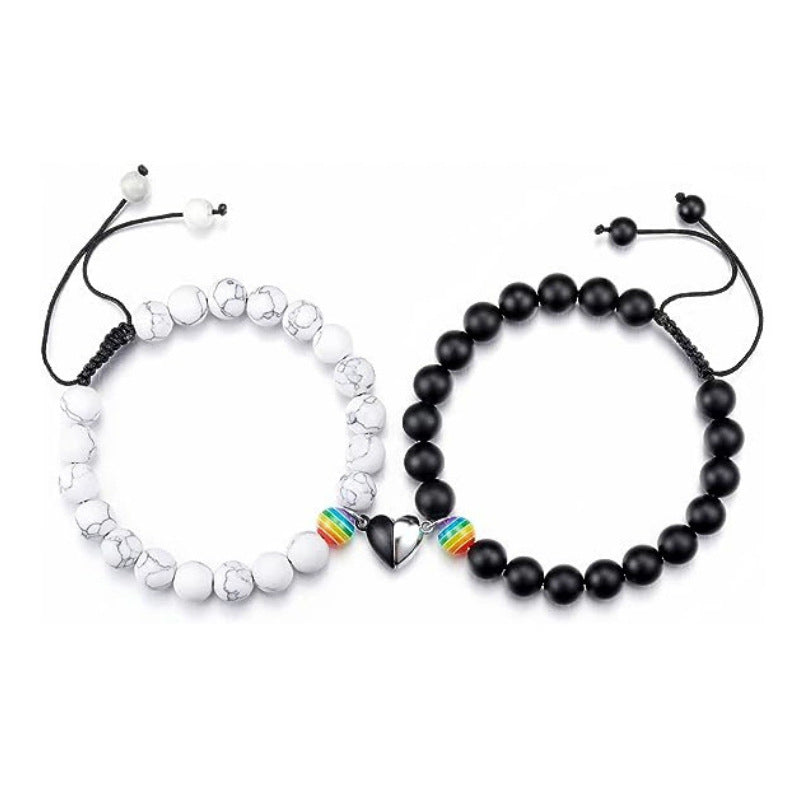 Heart-shaped Woven White Pine Matte Bracelet Natural Stone Beaded Couple Heart Magnetic Clasp Woven Bracelet