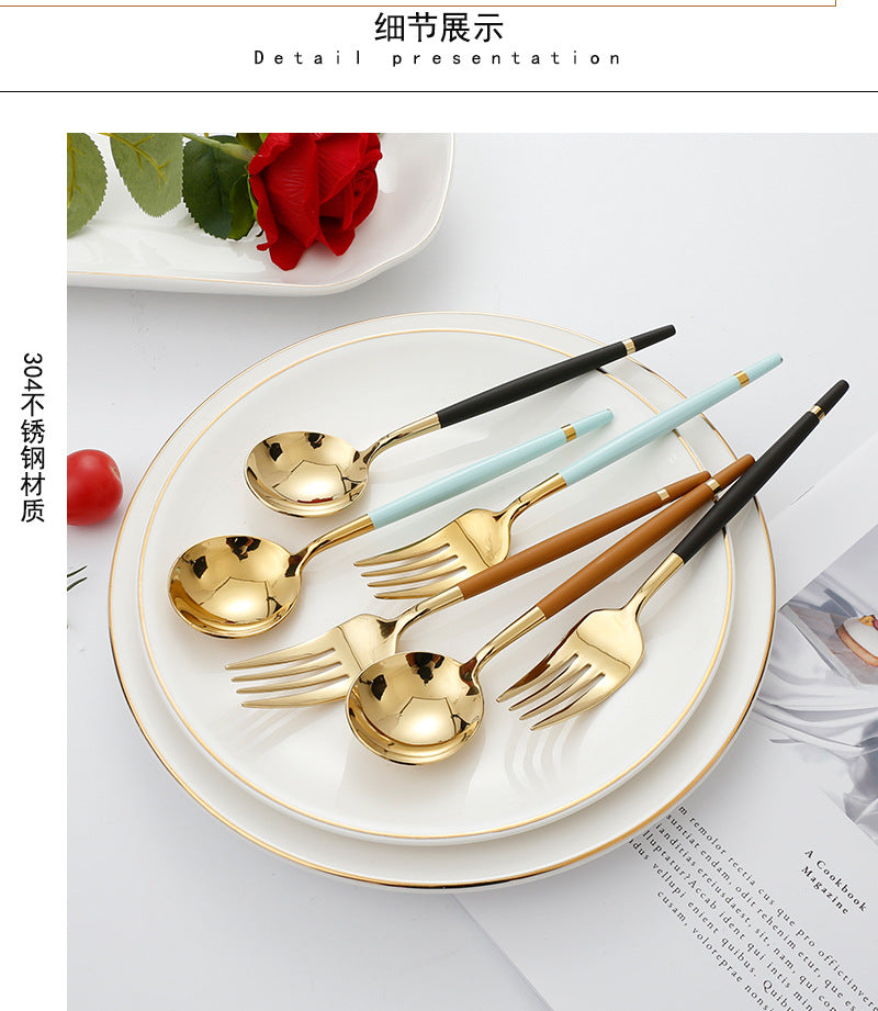 304Stainless Steel Portuguese Tableware Creative Lathe Craft Glossy Mirror Black Gold Round Spoon Dessert Spoon Fork