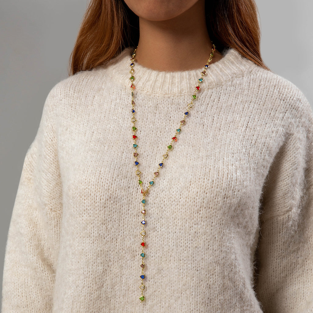Simple Colorful Beaded Tassel y Chain Necklace Elegant Versatile Diamond-Studded Sweater Chain Jewelry