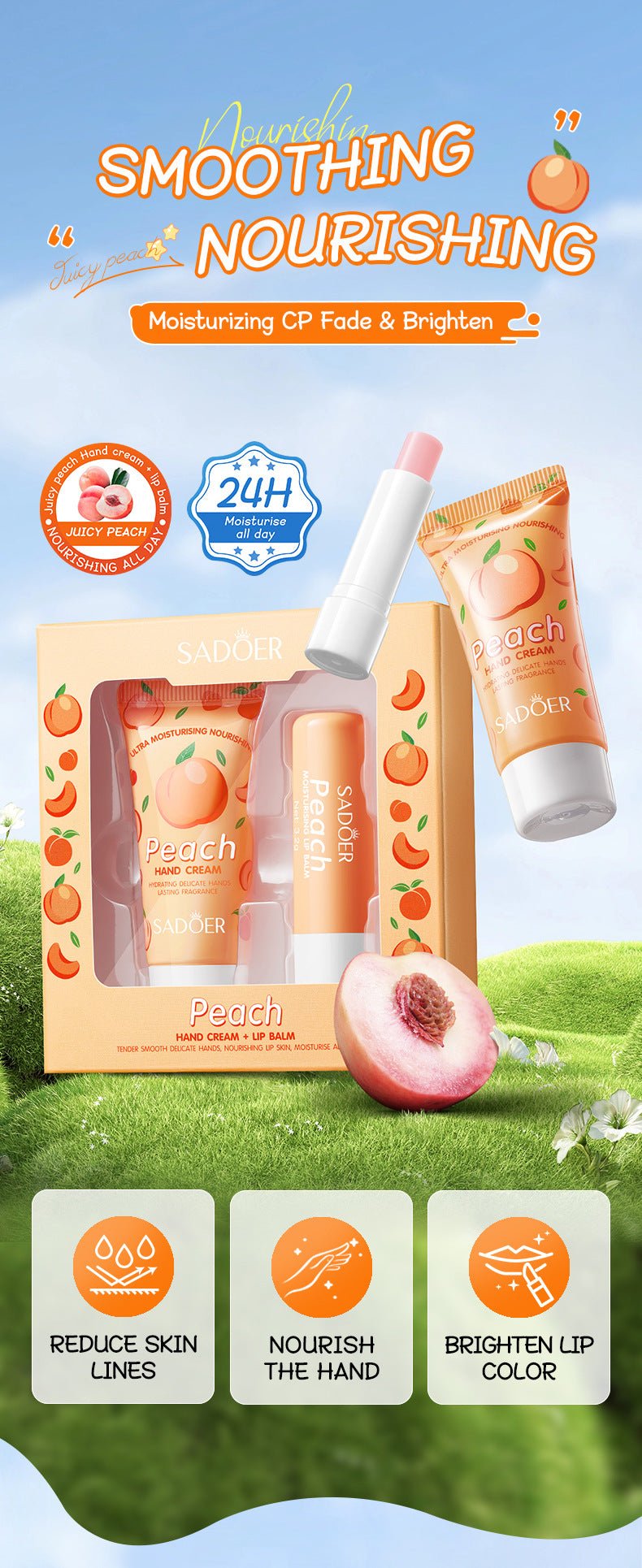 Peach Hand Cream Lip Balm Set SADOER Nourishing Autumn and Winter Hand Cream Lip Balm  Wholesale