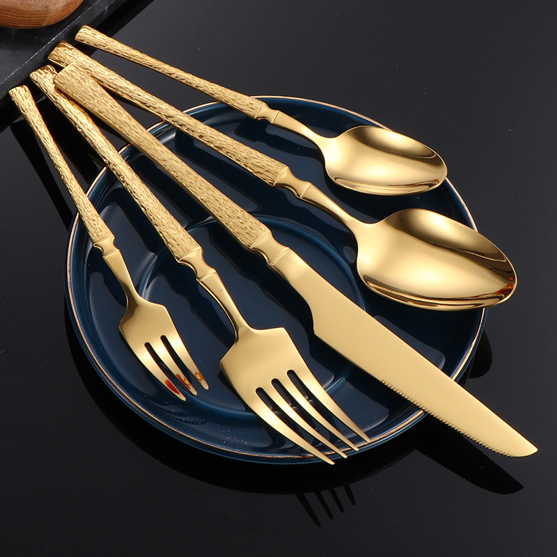410Stainless Steel Cutlery Hotel Restaurant Hammered Knife Fork Spoon Set Western Small Waist Bark Pattern Steak Knife Fork
