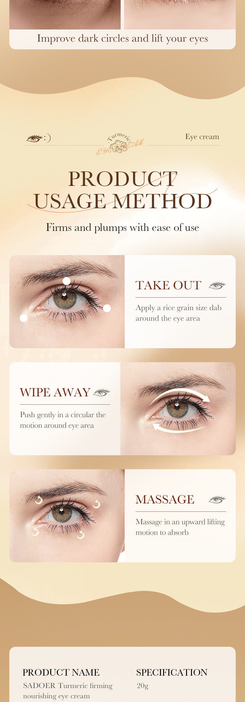 Turmeric Eye Cream SADOER Moisturize and Improve Dark Circles, Eye Lines, Eye Bags,  Wholesale