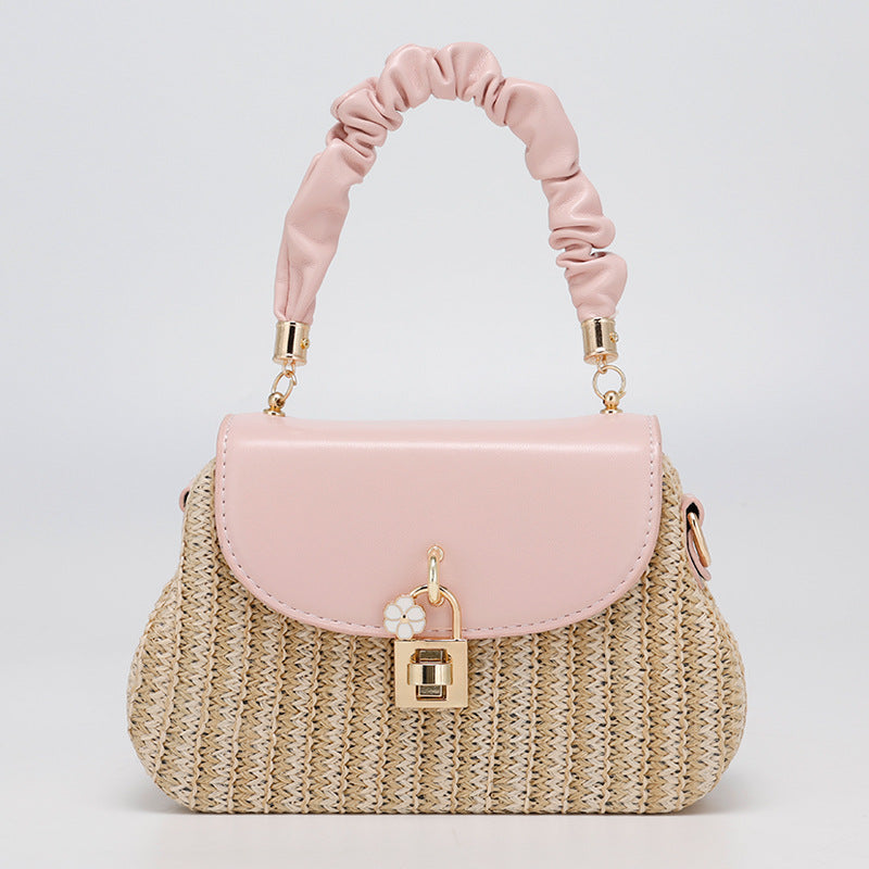 Summer New Style Straw Bag Fashion Box Bag Single Shoulder Crossbody Pleated Handbag Beach Vacation Ethnic Style Women's Bag