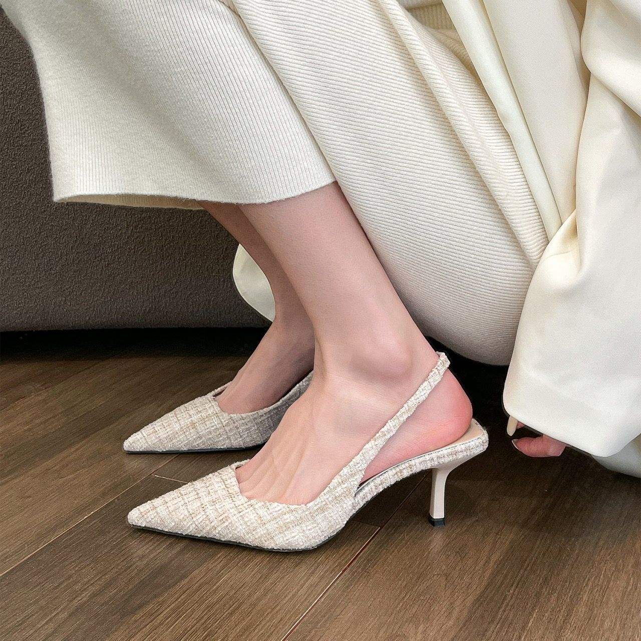 Chanel-inspired Sea Salt Blue Pointed High Heel Sandals2025New Women's Shoes with Open Back and Half Closed Toe Fashion Single Shoes