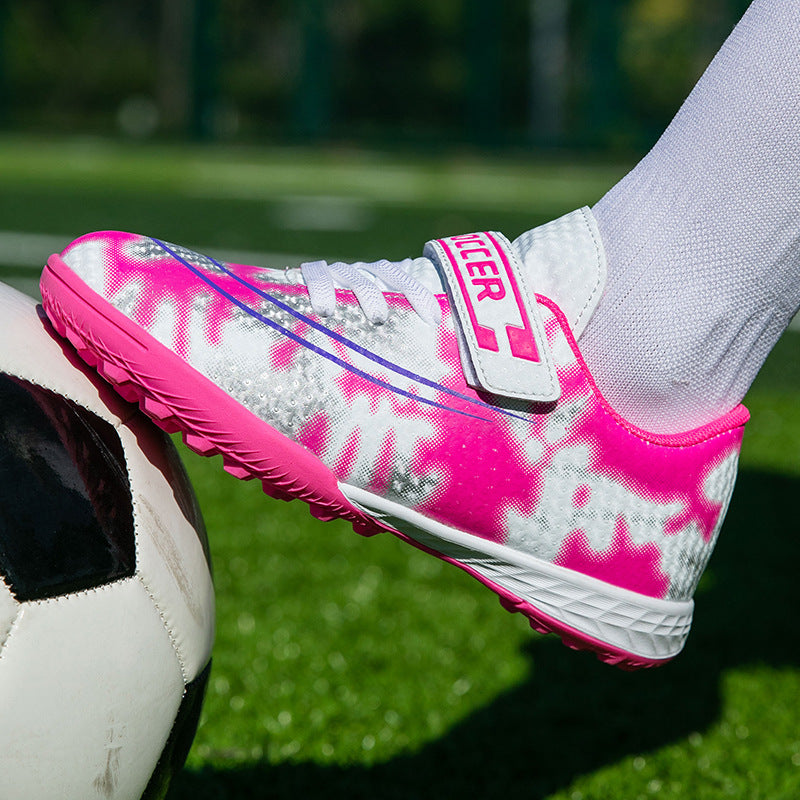 New Football Shoes for Men and Women, Children's Low-top Anti-collision Spike Magic Tape No-tie Grass Training Sports Shoes