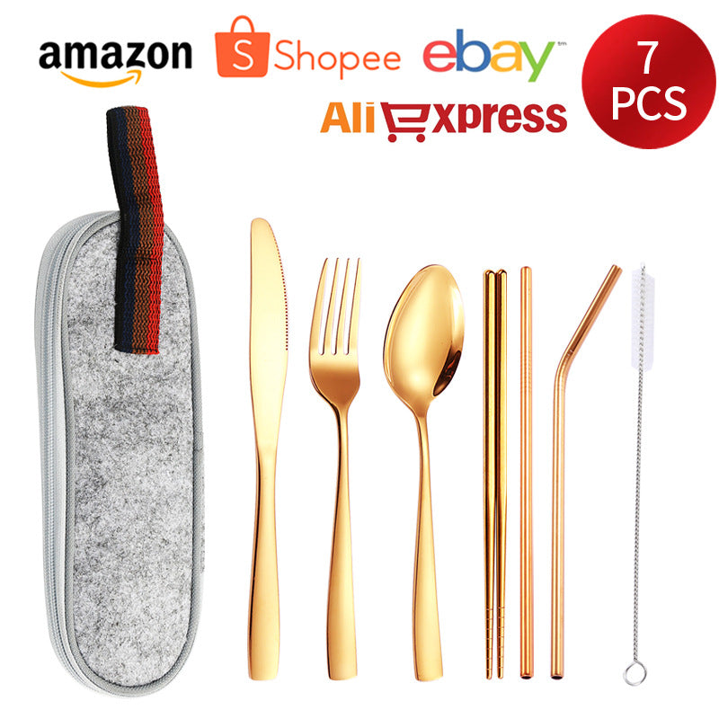 410Stainless Steel Portable Outdoor Camping Tableware Set304Stainless Steel Straw Knife Fork Spoon Chopsticks Seven-Piece Set