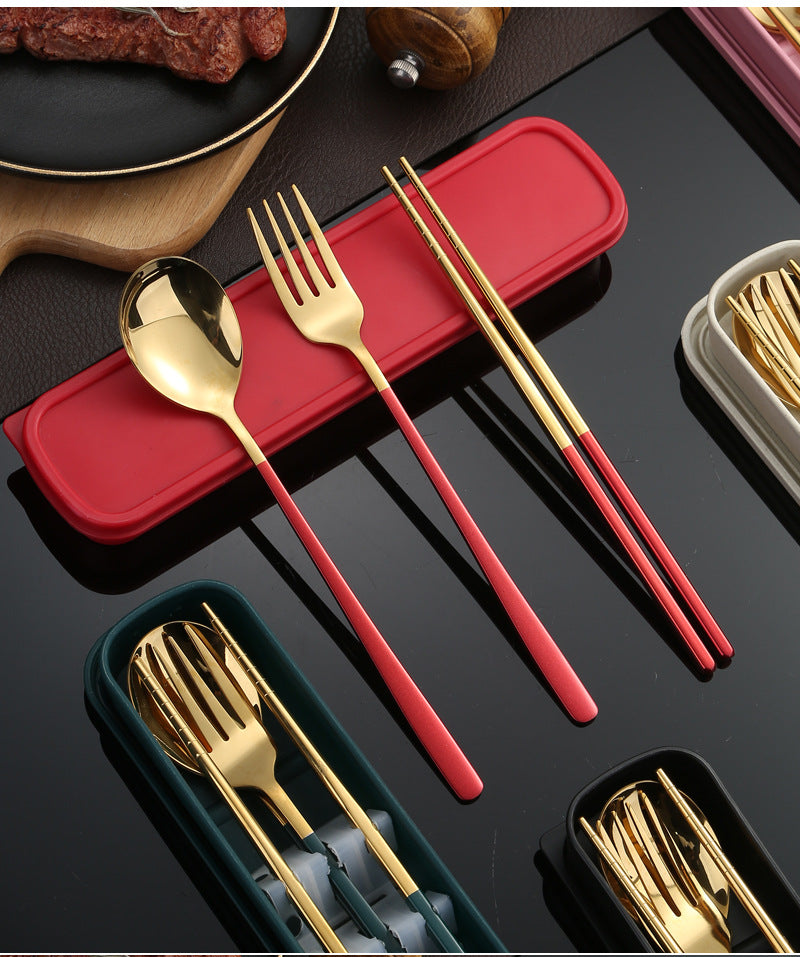 304Stainless Steel Tableware Student Korean Portable Tableware Office Worker Outdoor Spoon Fork Chopsticks Four-piece Set