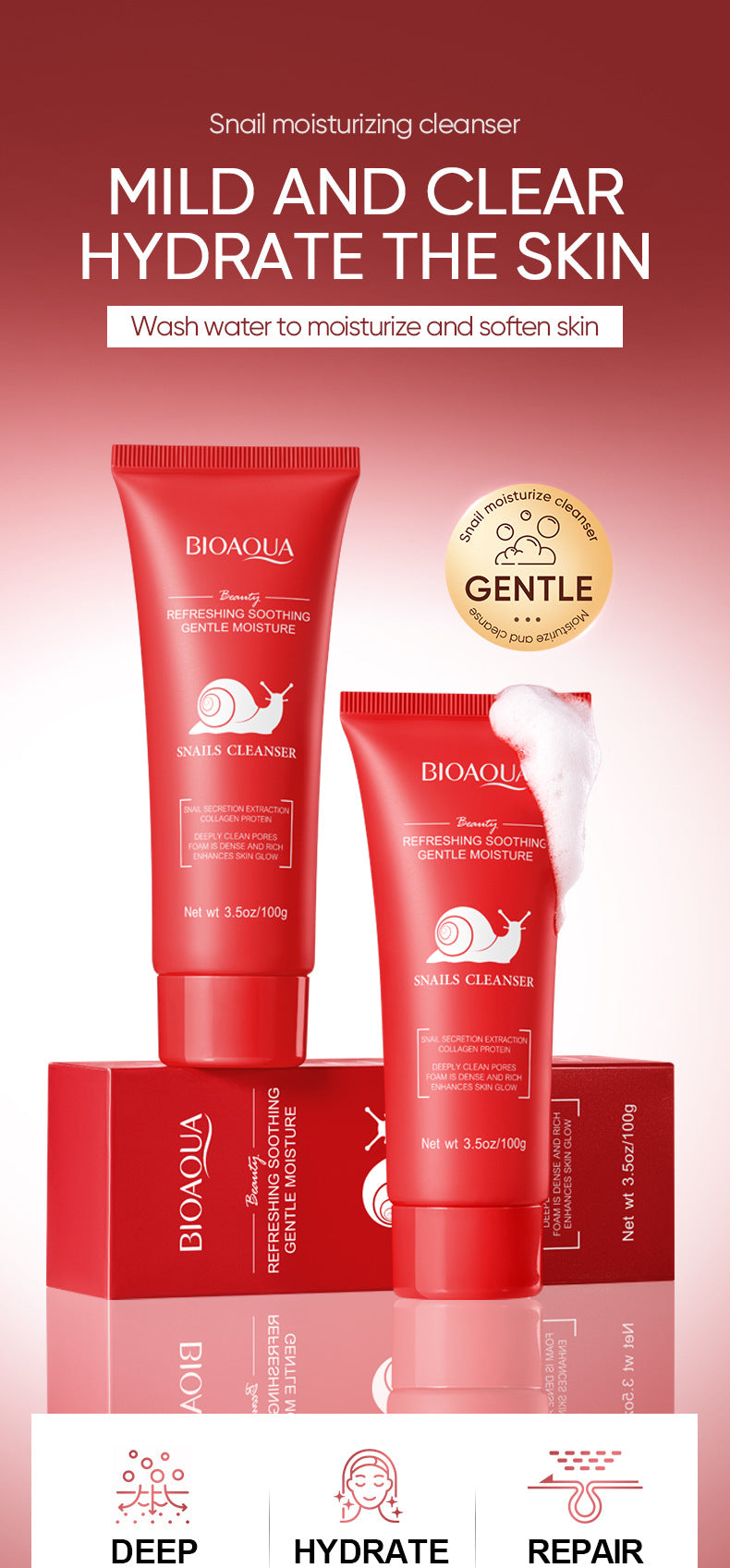 Snail Purifying Facial Cleanser BIOAOUA Moisturizing and cleansing facial cleanser cross-border foreign trade wholesale