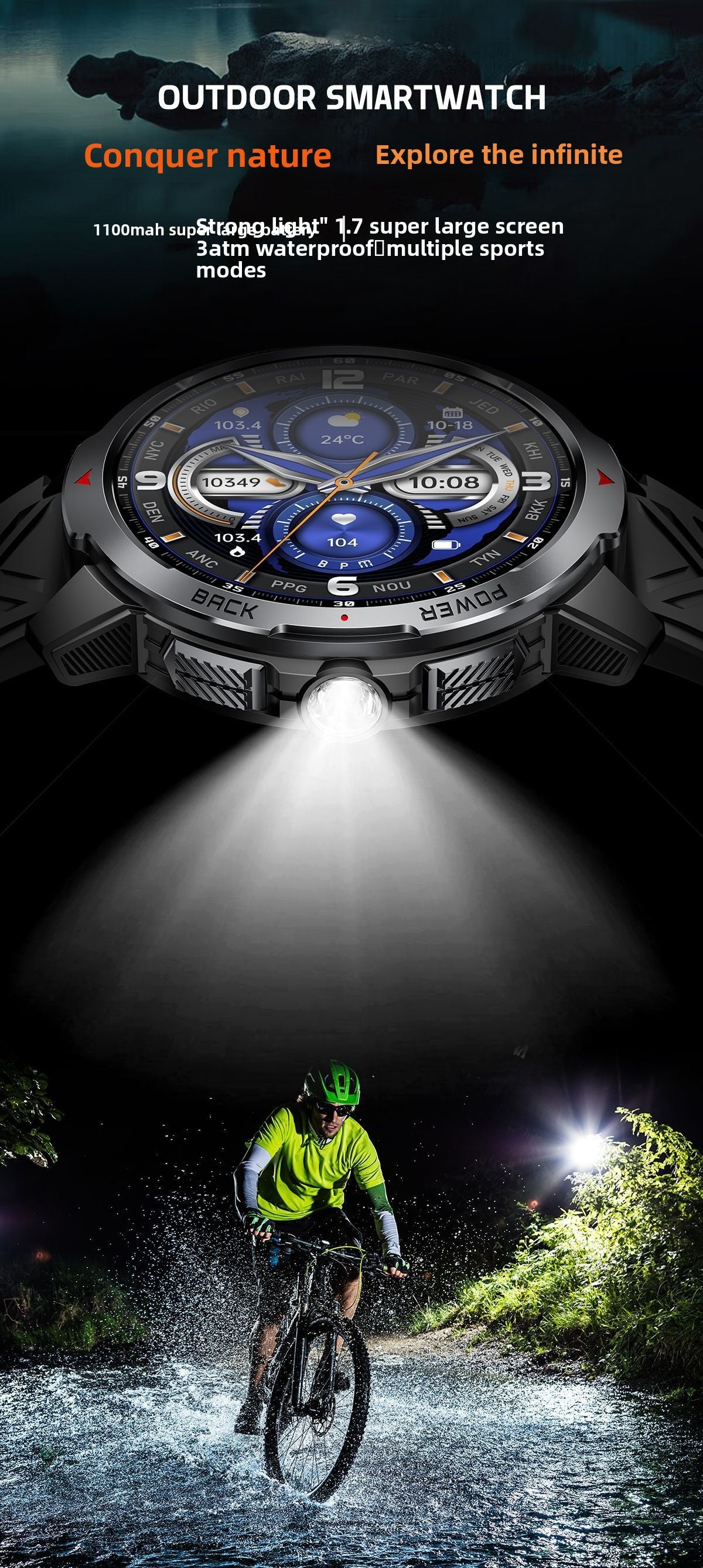 KT88Smart Watch Bluetooth Call Heart Rate Pedometer Sleep Compass Flashlight Deep Waterproof Three-Proof Sports