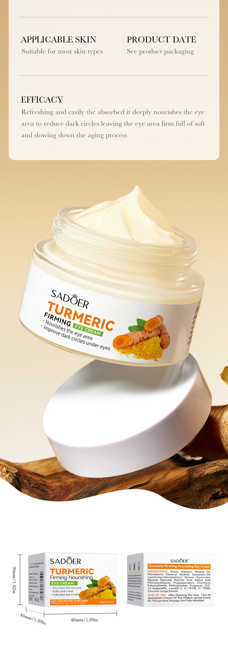 Turmeric Eye Cream SADOER Moisturize and Improve Dark Circles, Eye Lines, Eye Bags,  Wholesale