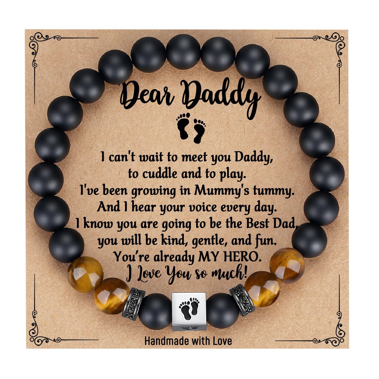 Men's Holiday Gift Bracelet Tiger Eye Stone Bracelet Stainless Steel Foot Sole Father's Day Gift Black Matte Bracelet