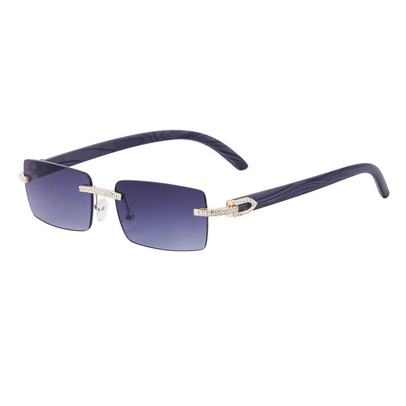 European and American Retro Frameless Men's Sunglasses with Diamond Inlay and Wood Grain Temples New Style Glasses Wholesale shades
