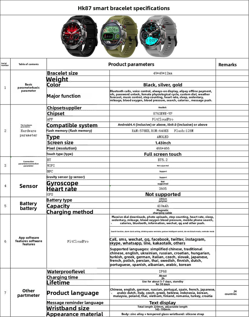 HK87Smart Watch Bluetooth Call Heart Rate Monitoring Exercise Blood Oxygen Blood Pressure AMOLED Bluetooth Version