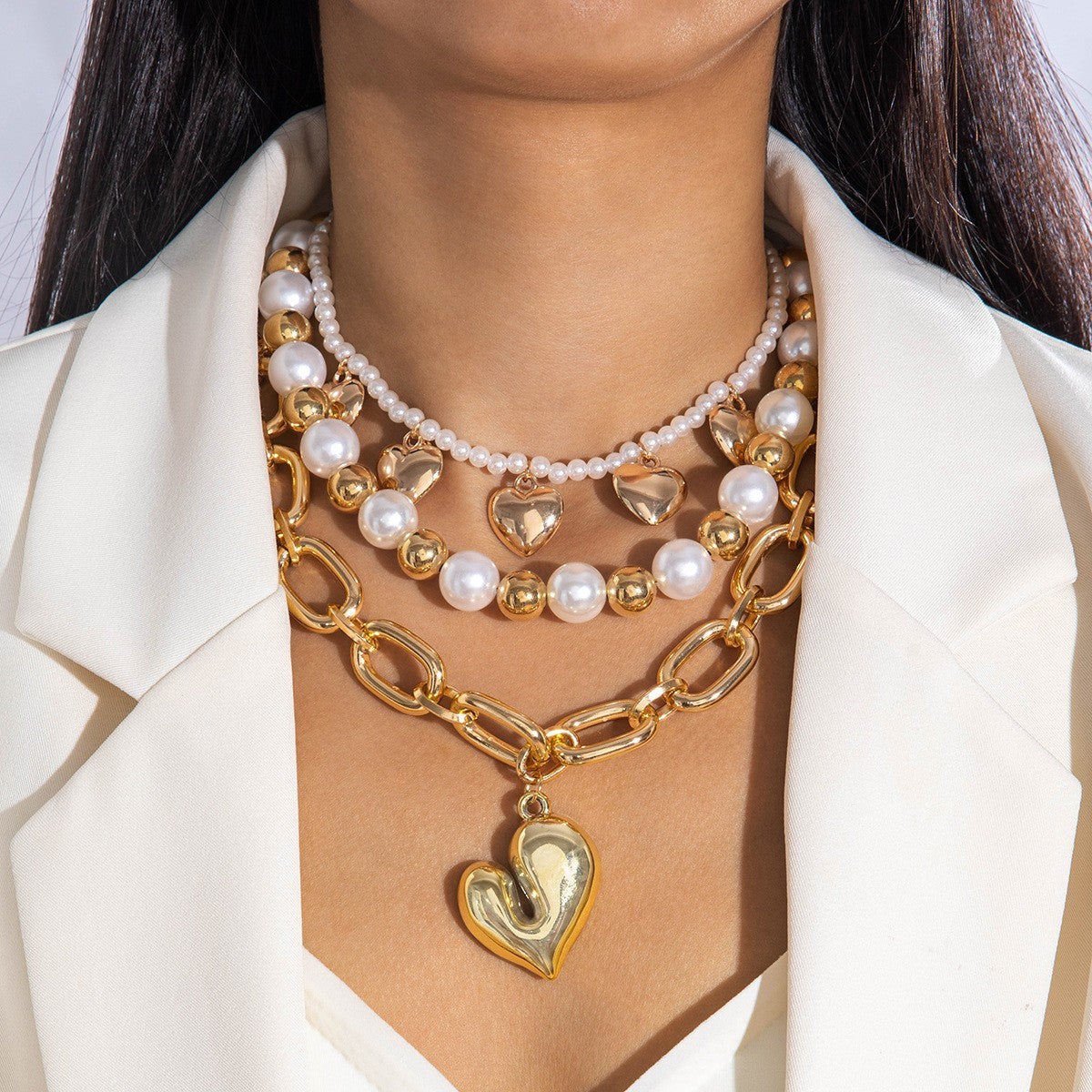 Ornament Layered Wear CCB Peach Heart Necklace Wholesale Baroque Metal Pendant Pearl Necklace