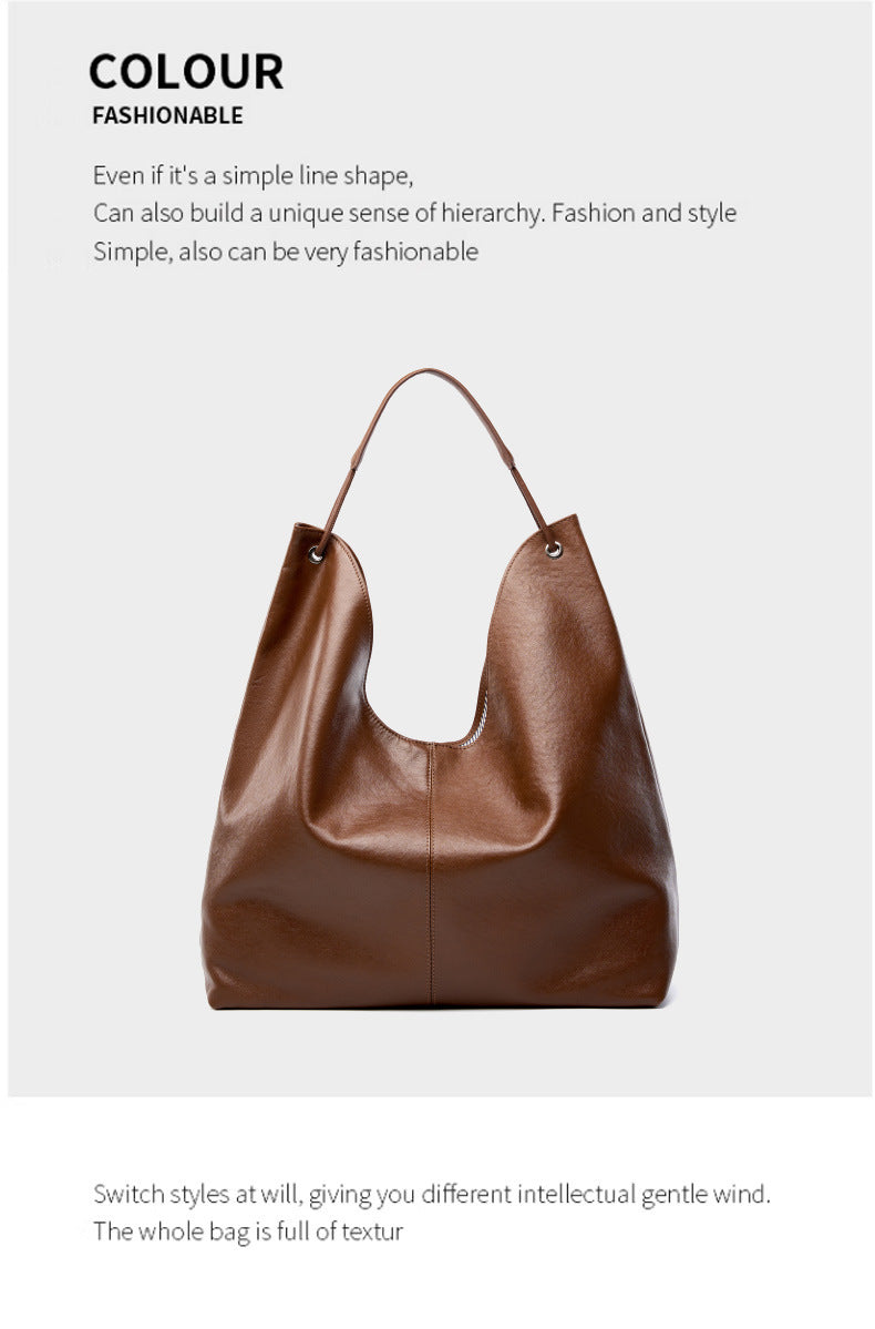 New Vegetable-Tanned Leather Trendy Large-Capacity Textured Tote Bag Versatile Shoulder Bag for Class and Commuting