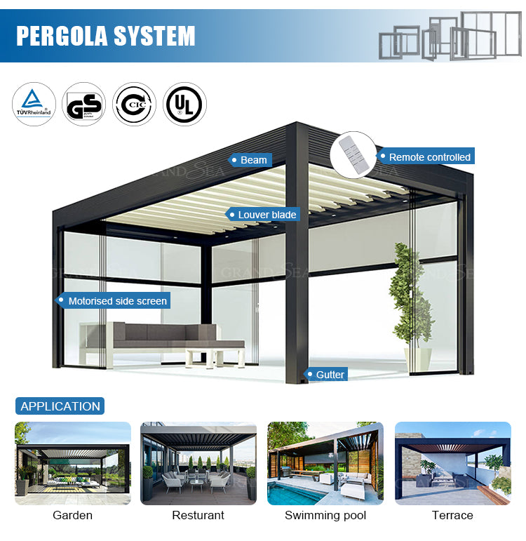 Outdoor Garden Motorized Louvered Roof System Bioclimatic Pergola Outdoor Aluminum Pergola With Sliding Glass Door and Louvered