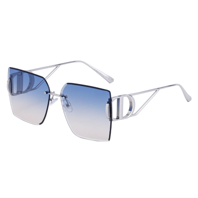 New European and American Fashion Diamond Cut Edge Rimless Sunglasses for Women Trendy Hollow Temple Large Frame Sunglasses Women's Glasses