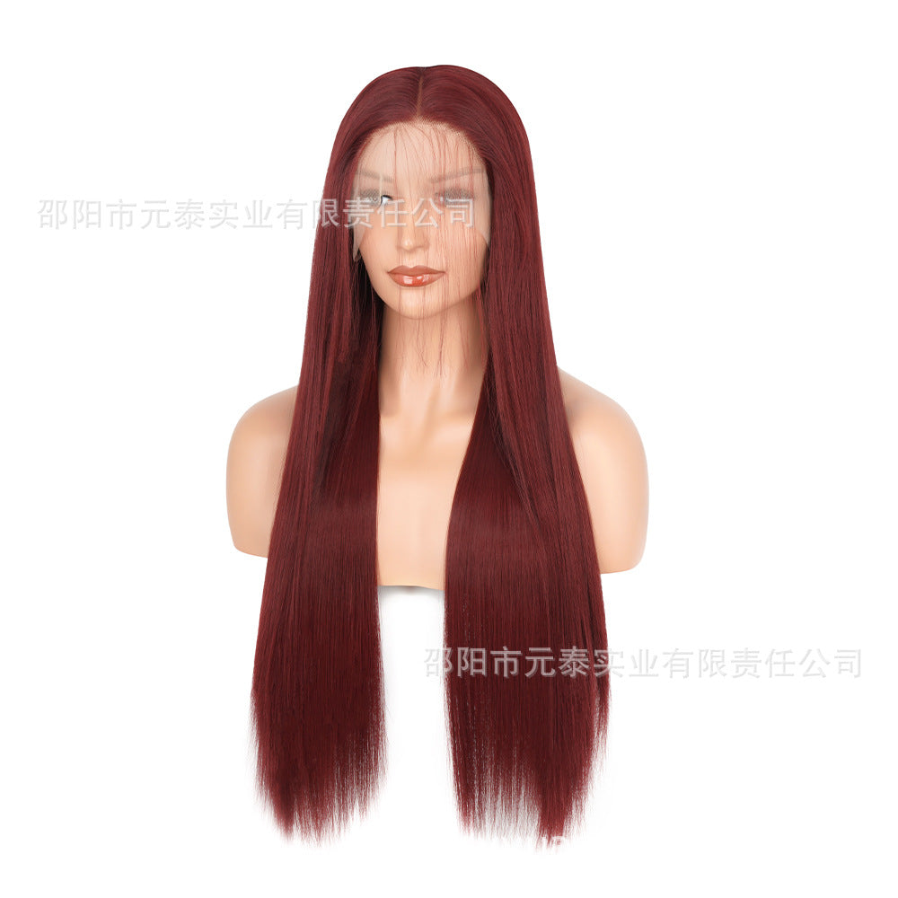 Front Lace13*4Wig in burgundy color28Inch Long Straight Hair Synthetic Fiber Headband Hot Sale wigs High-Temperature Wig with Side Bangs