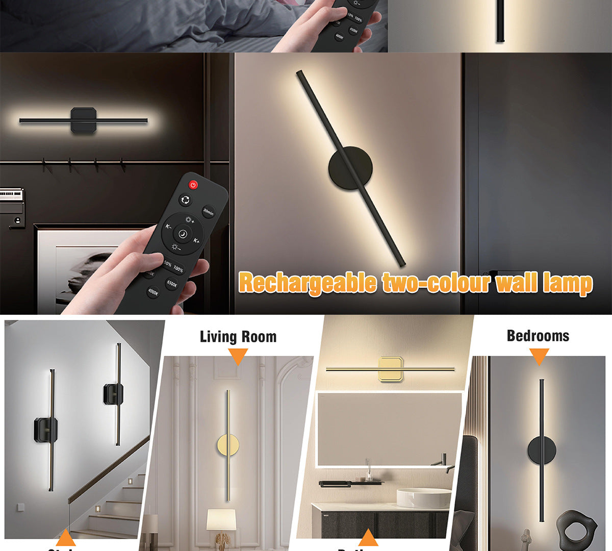 Rechargeable Two-tone Wall Lamp Indoor Wall Lamp Bedroom Bedside Wall Lamp Staircase Wall Lamp No Wiring Wall Lamp Long Strip Wall Lamp