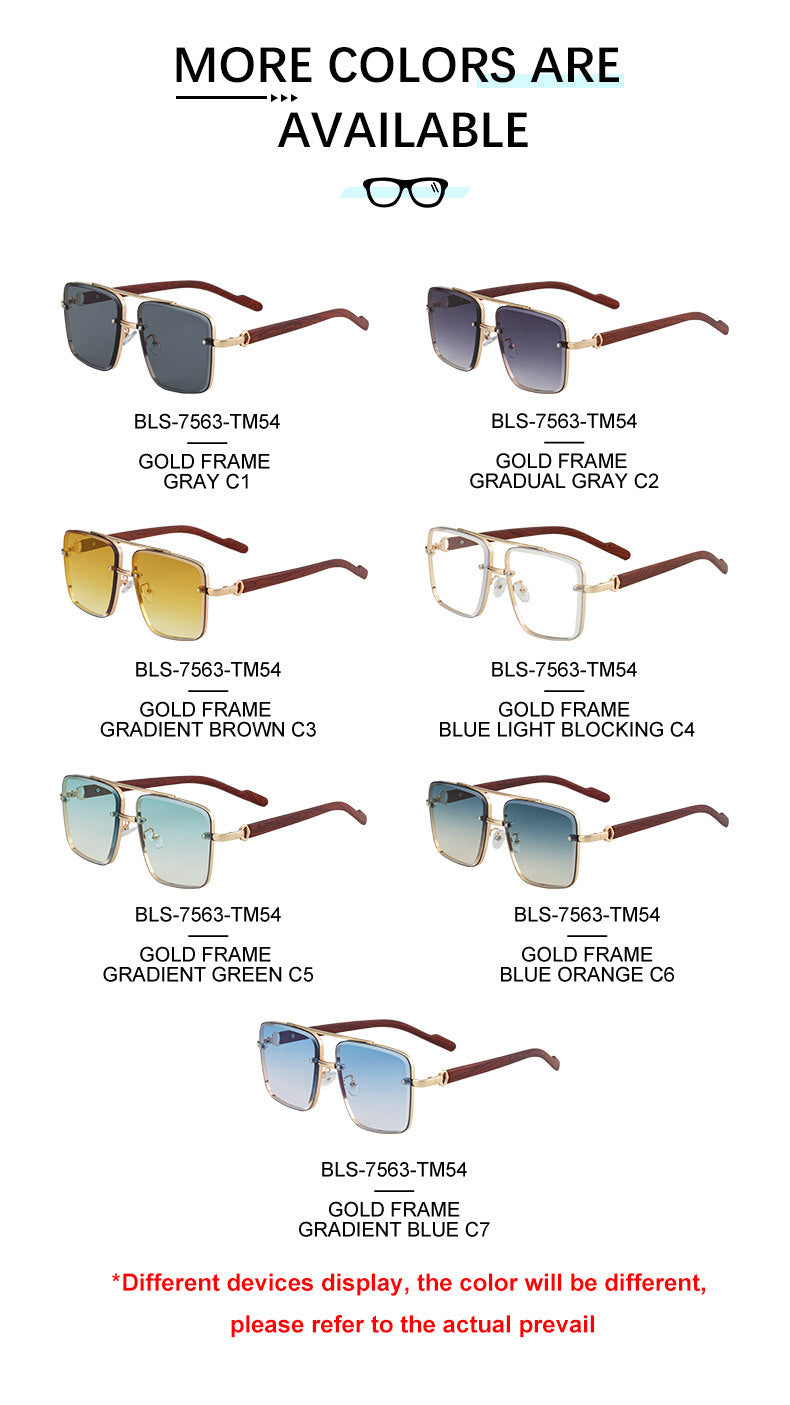 2025New European and American Fashion Square Frame Sunglasses for Men Retro Imitation Wood Grain Temple Double Bridge Sun Protection Sunglasses for Men