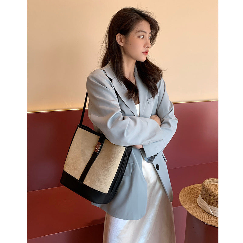European and American Retro Large Capacity Single Shoulder Bucket Bag Daily Use Top Layer Cowhide Crossbody Women's Bag