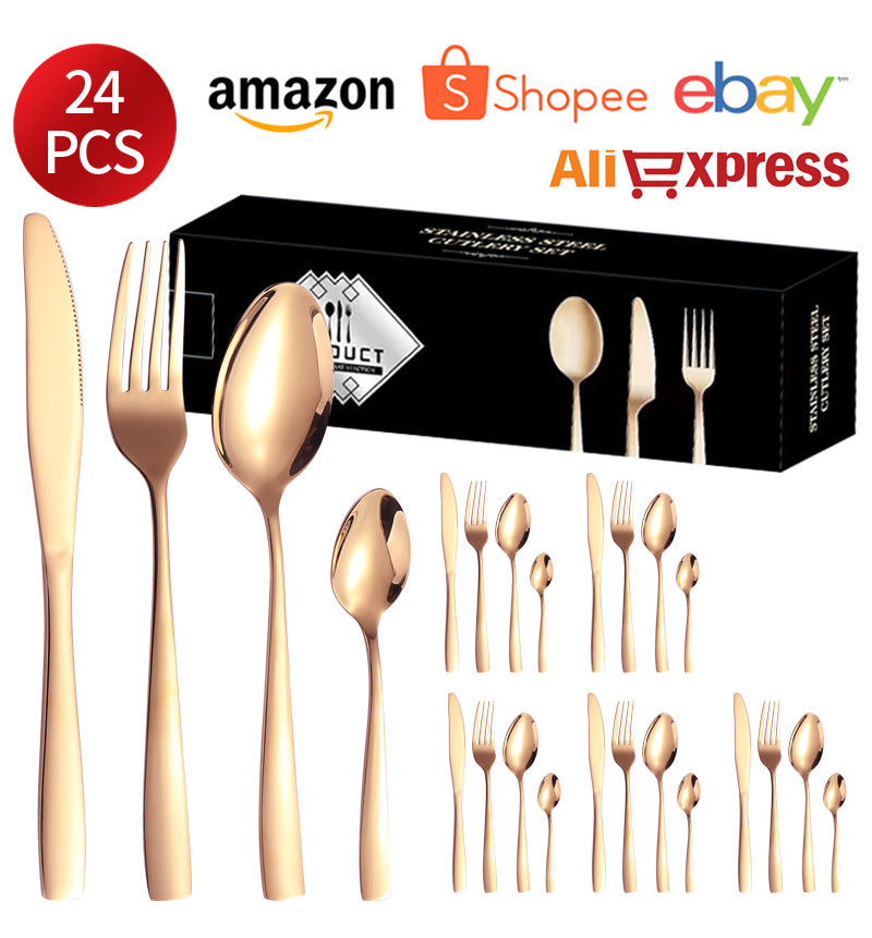 410Stainless Steel Tableware24Set of Hotel Western Dining Square Handle Steak Knife, Fork, Spoon, Tea Spoon