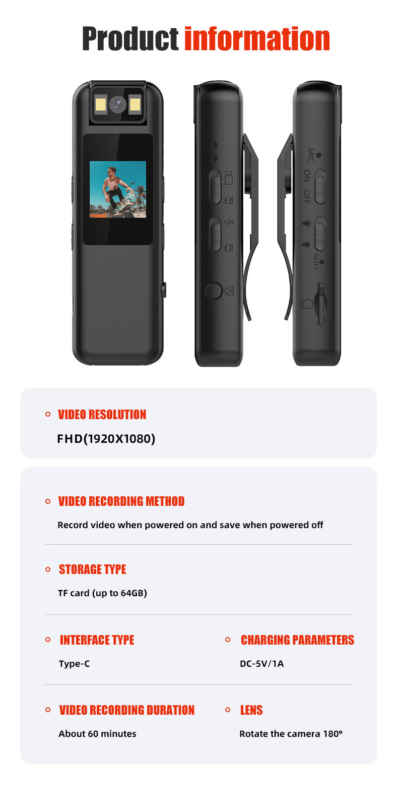 Private Model New Rotating Sports Camera Back Clip Sports Cycling Camera Outdoor Bicycle Riding Recorder