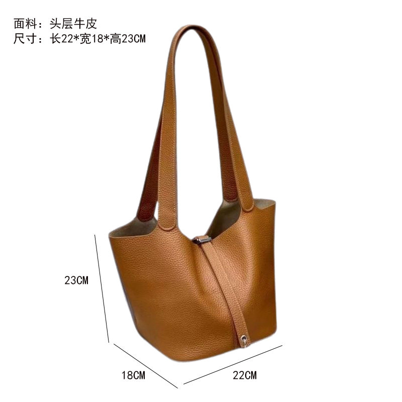 2025New Basket Bag for Women, High-End Niche Design, Large Capacity Bucket Bag, Top Layer Cowhide Handbag