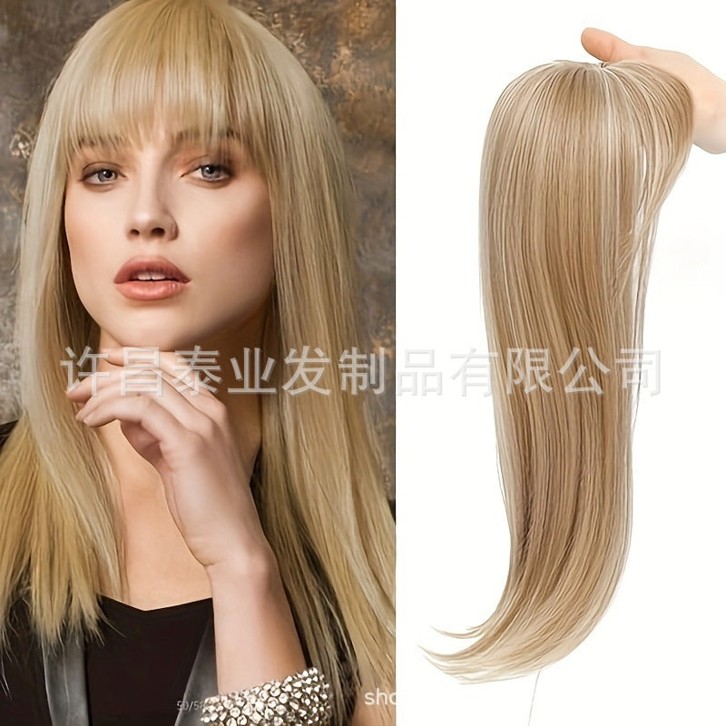 Replacement Hairpiece Top Export Synthetic Hair Scalp Hair Block Eight-Character Bangs Long Curly Hair Women's Seamless Hair Block