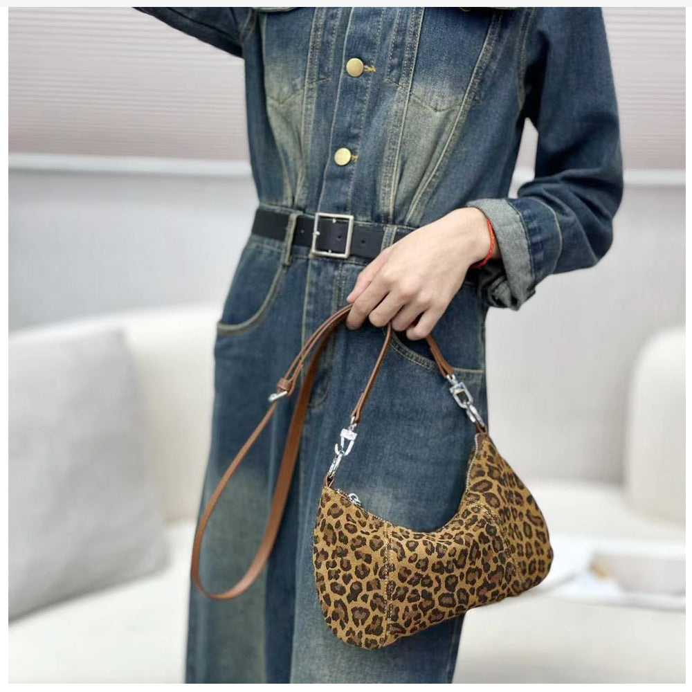 Autumn and winter niche leopard print underarm bag2025New Matte Top Layer Cowhide Single Shoulder Crossbody Bag Handheld Small Bag